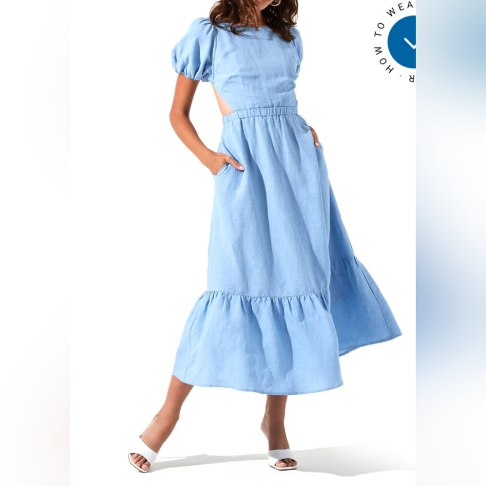 Astr The Label Women's Puff Sleeve Dress Blue Open Back Dress